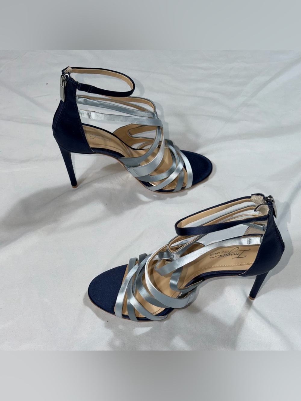 Imagine Vince Camuto Devin Women 8 Blue Silver Satin Strappy Stiletto Heels